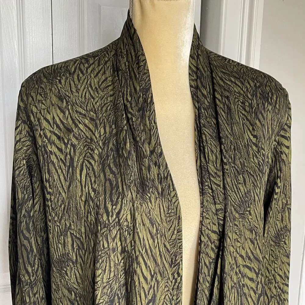 Anne Klein Vintage Silk Blouse Size 8 Green Black Surplice Button Front Top